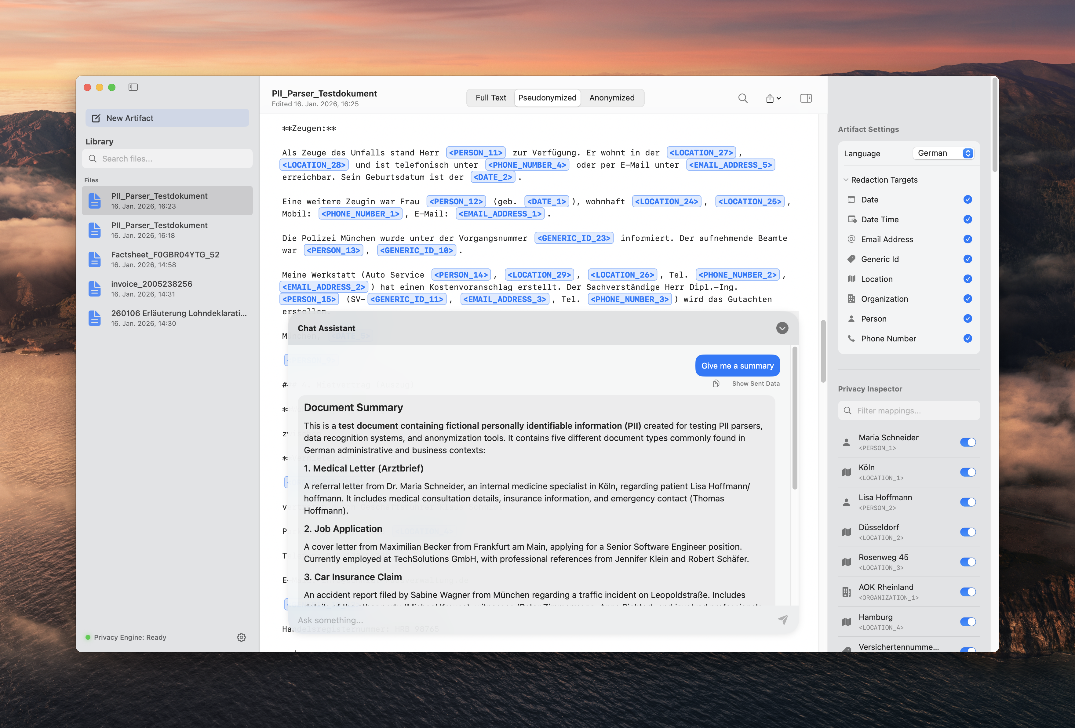 AI chat showing document summary